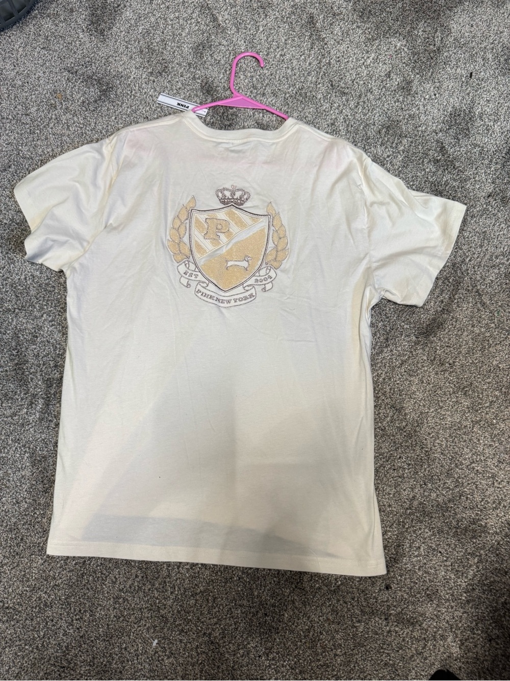 PINK Victoria's Secret Cream Short Sleeve Tee with Gold Crest